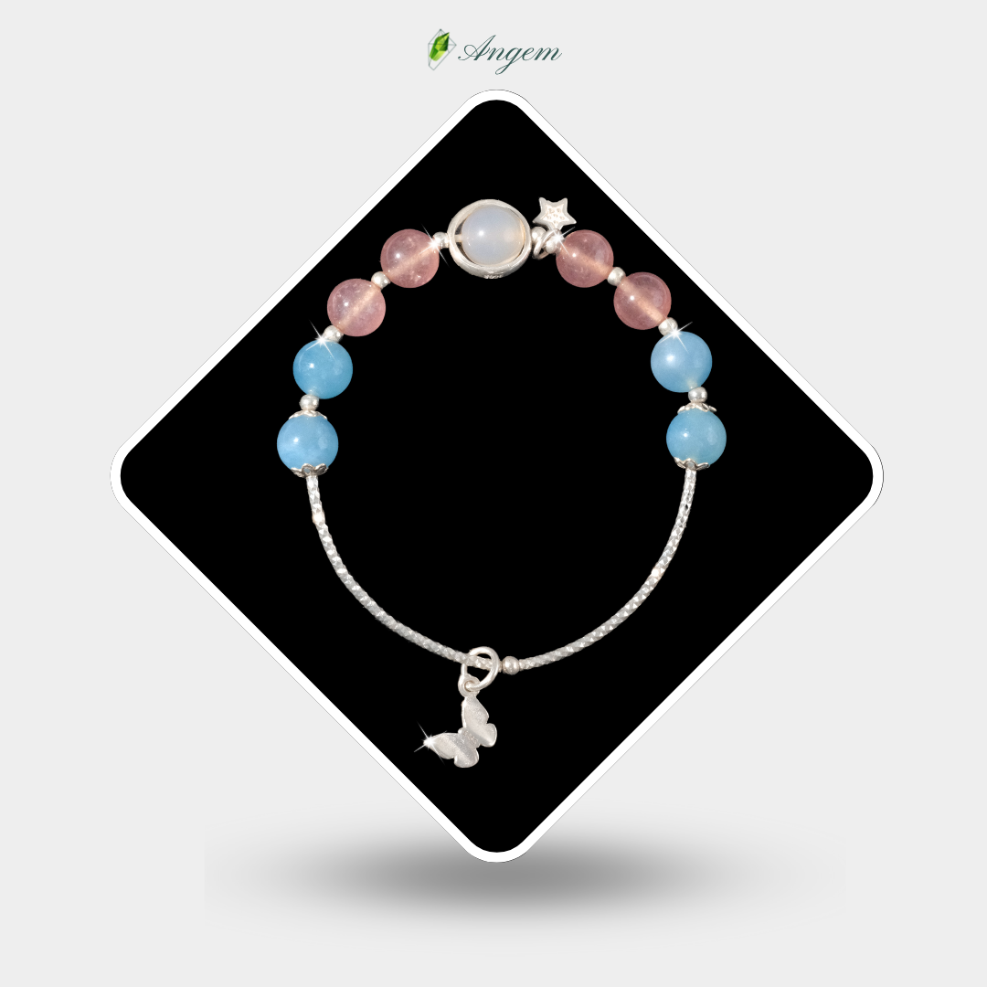 Vòng tay bạc S925, mix charm -Aqua - Dâu hồng