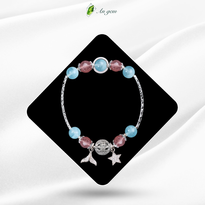 Đá Aquamarine & thạch anh dâu hồng charm mạ bạc