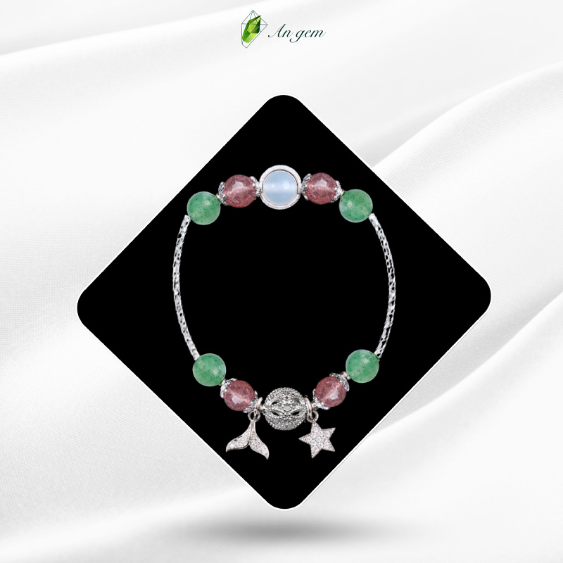 Đá thạch anh dâu xanh & thạch anh dâu hồng charm mạ bạc