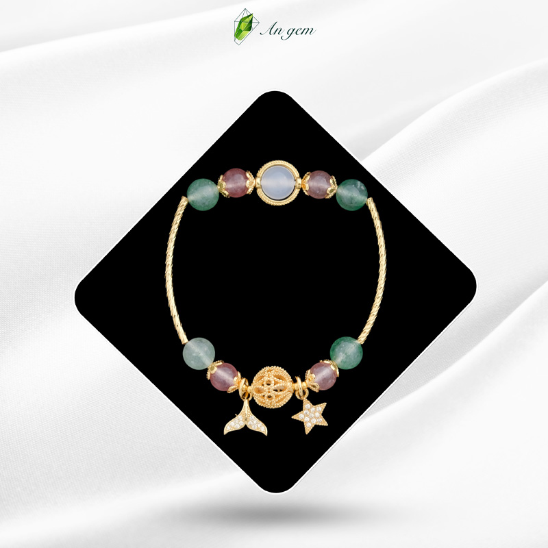 Đá thạch anh dâu xanh & thạch anh dâu hồng charm mạ vàng