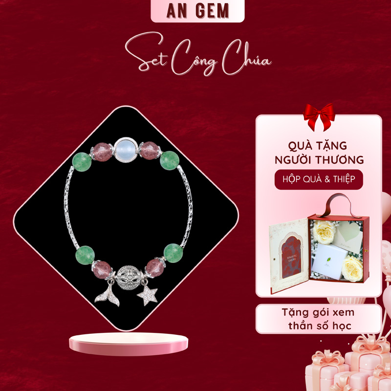 Set Công Chúa (Kèm vòng Đá thạch anh dâu xanh & thạch anh dâu hồng mạ bạc)
