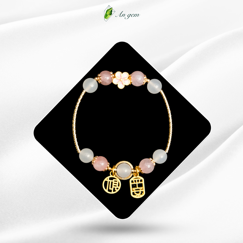 Đá TA Hồng & mã não Trắng - charm Hoa Đào, mạ vàng