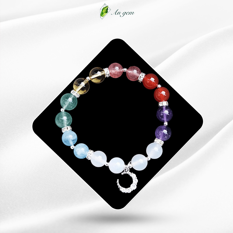 Vòng tay luân xa 7 loại đá mix với nhau, charm mạ bạc